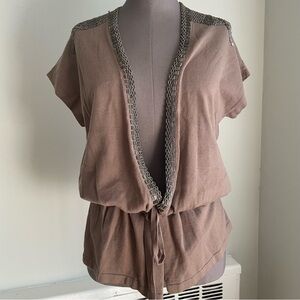 Brown cap sleeve drawstring tie front cardigan with beaded trim